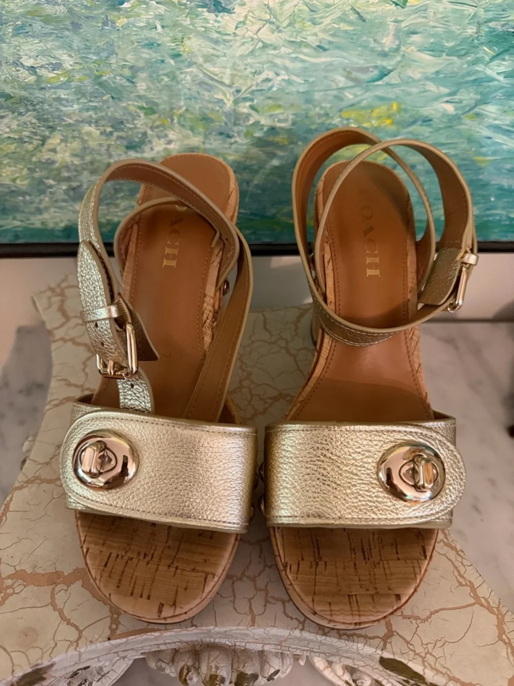Coach Metallic Gold Cork Platform Sandals with Stud Detail - Picture 2 of 7